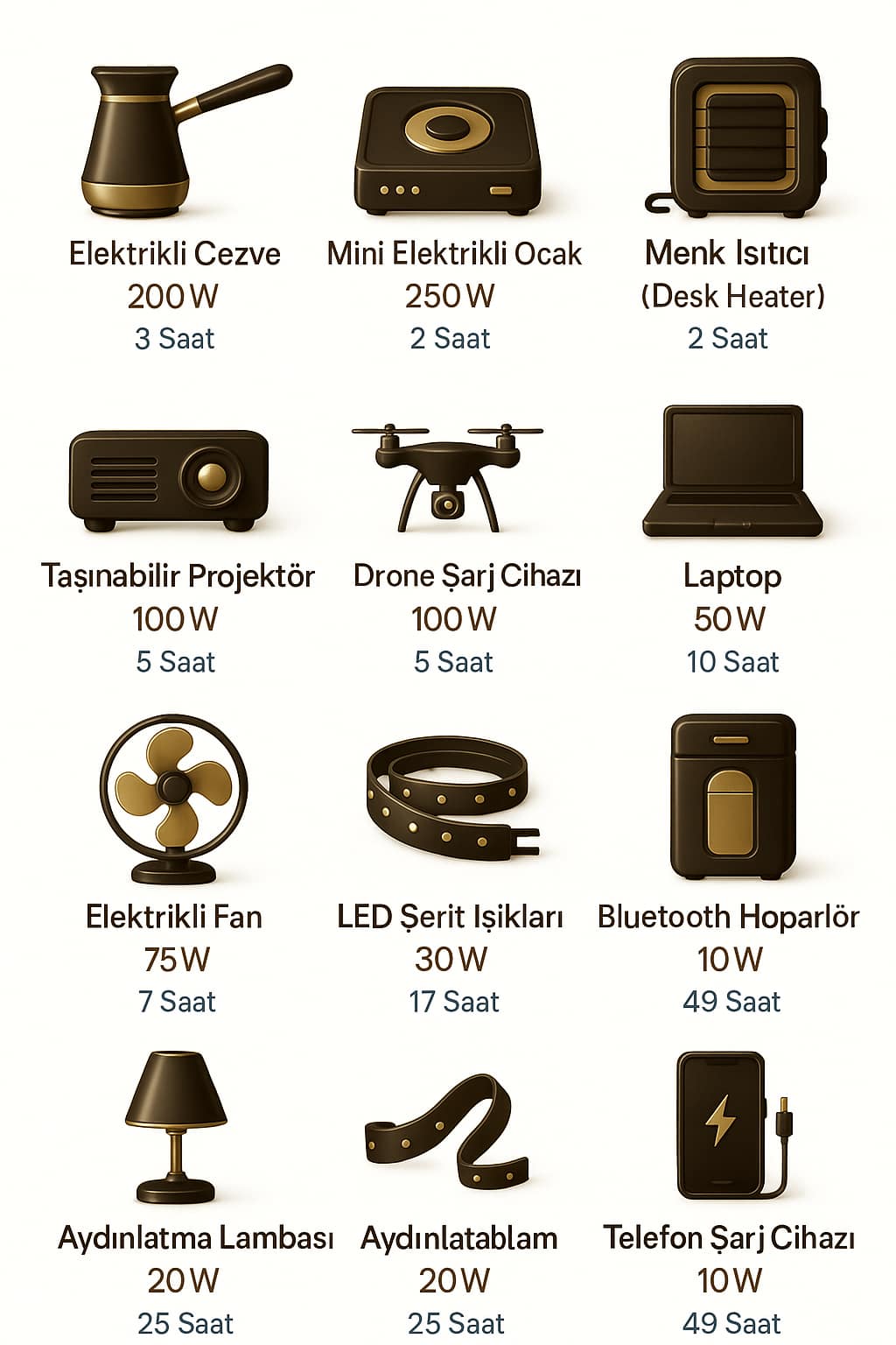 Solar Wise E500 LFP taşınabilir güç istasyonu ile farklı elektrikli cihazların kullanım süreleri