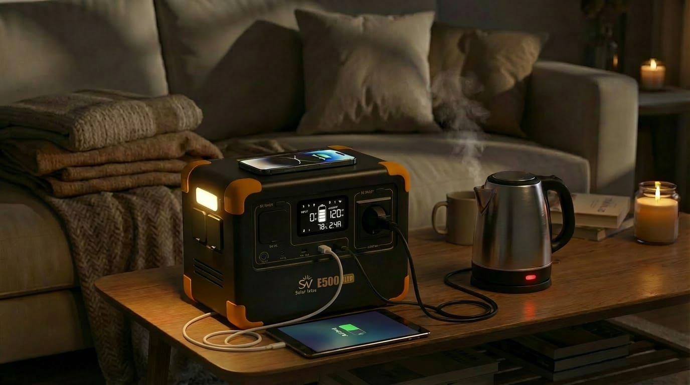 Solar Wise E500 LFP – Ev İçin Taşınabilir Güç Solar Wise E500 LFP taşınabilir güç istasyonu ev kullanımı ve elektrikli kettle